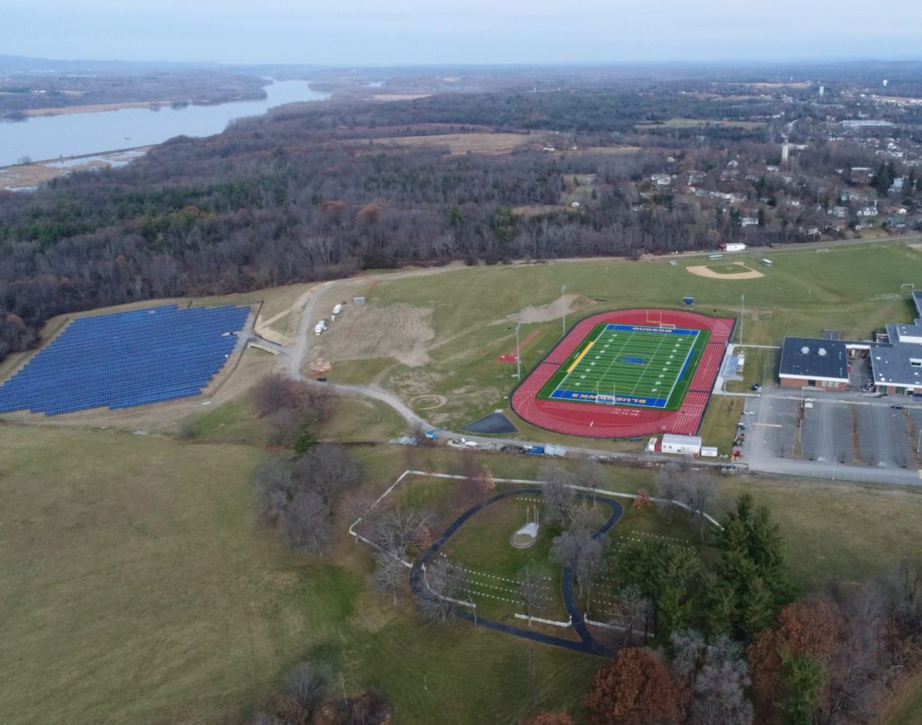 aerial view of solar array on high school campus