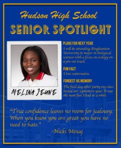 Melina Jeune senior spotlight. Attend Binghamton University and major in biological sciences with a focus on ecology on a pre-vet track. I love watermelon. The field day after party my class hosted our sophomore year. It was the most fun I had in a while.