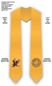 mock-up of gold graduation stole with a bluehawk and the school motto