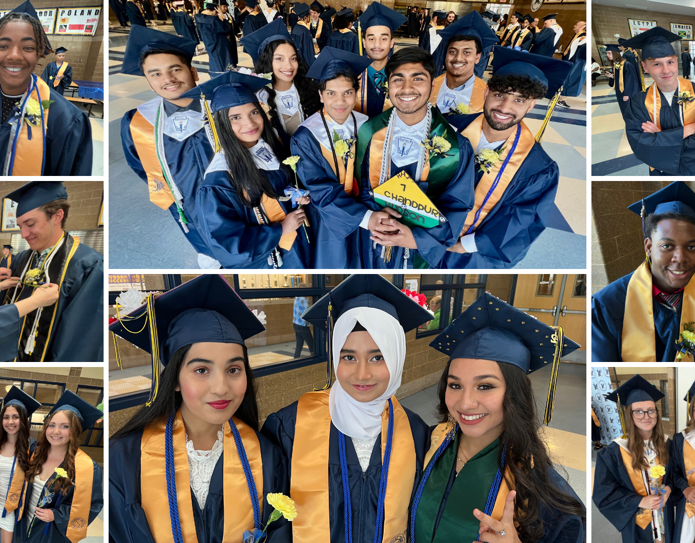 photo collage of Class of 2022 high school seniors in dark blue graduation regalia with gold stoles