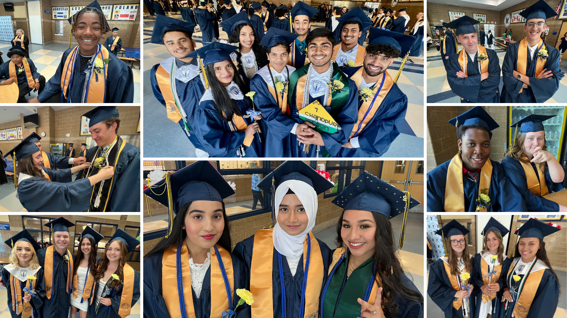 photo collage of Class of 2022 high school seniors in dark blue graduation regalia with gold stoles