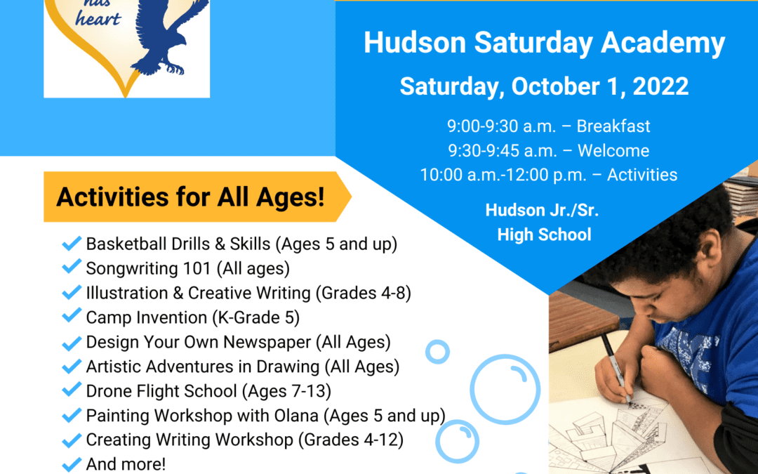 Reminder to sign up for Hudson Saturday Academy on Oct. 1!