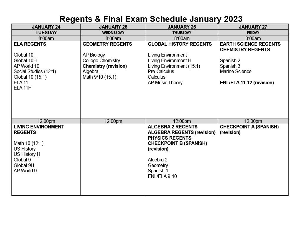 Updated SHS Midterm Regents Exam Schedule Hudson City School District