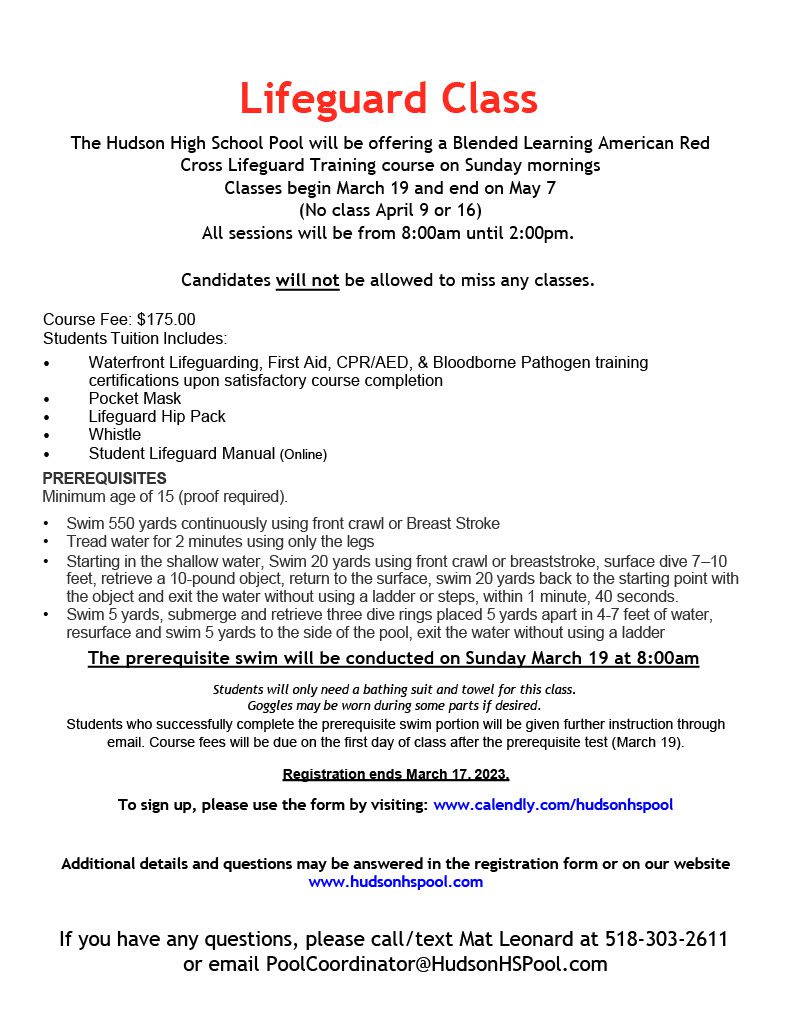 American Red Cross Lifeguard Training Course Hudson City School District