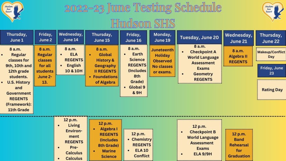 202223 Hudson SHS June Testing Schedule Hudson City School District