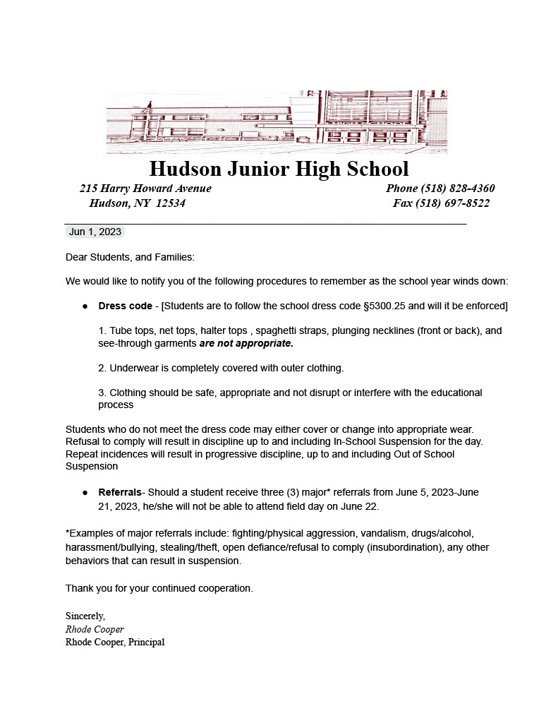 JHS Letter to Parents on Dress Code and Referrals Hudson City School