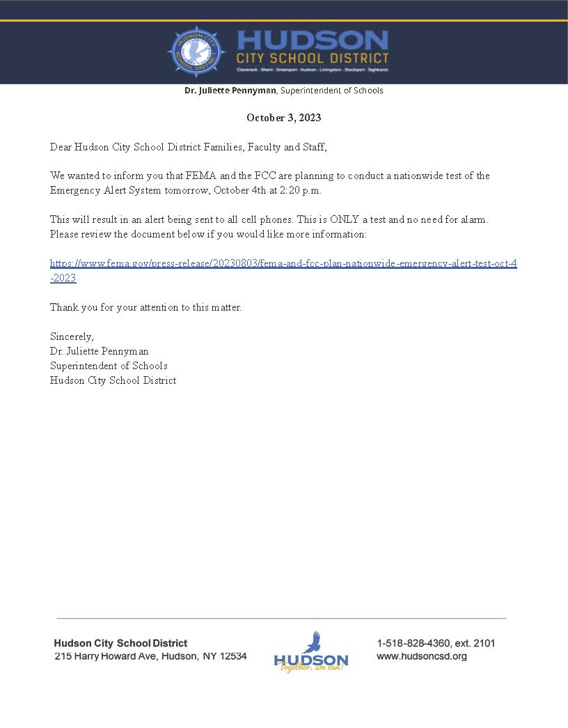 Federal Emergency Alert Test Letter 10/3/23 | Hudson City School District